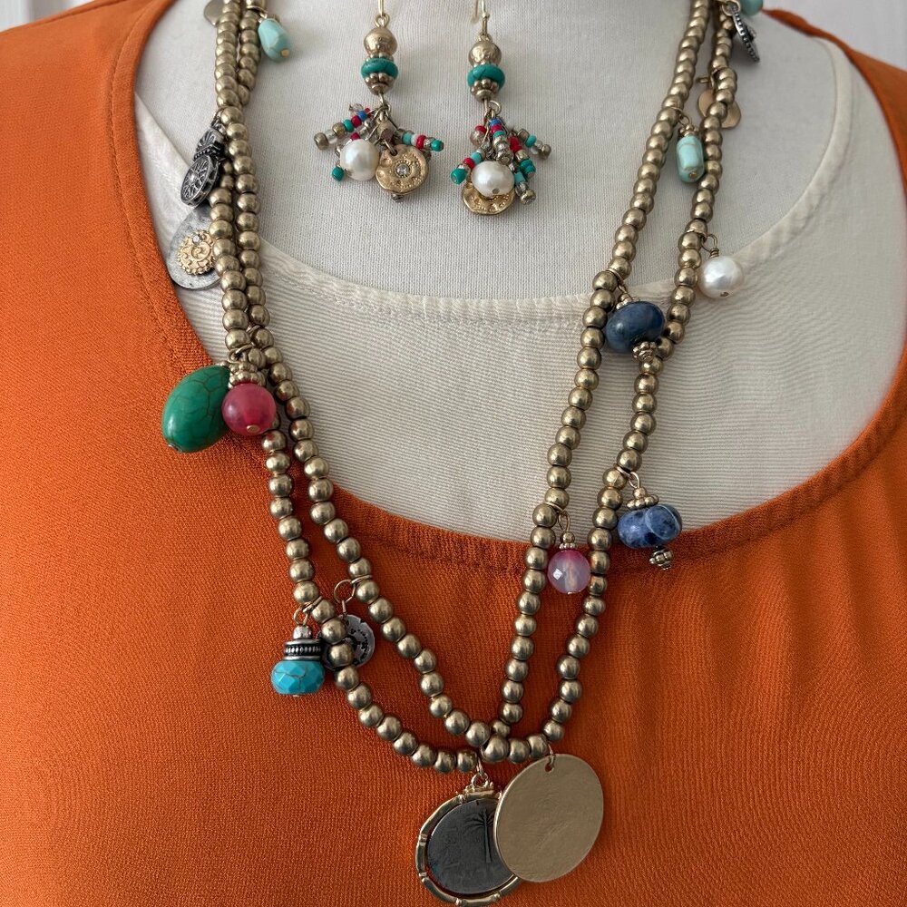 Long Gold Tone Necklace with Charms and Stone Dangles and Earrings